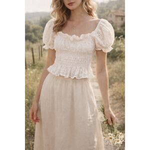 IRIS White Eyelet Smocked Puff Sleeve Milkmaid Blouse Sz M Cottagecore Coquette